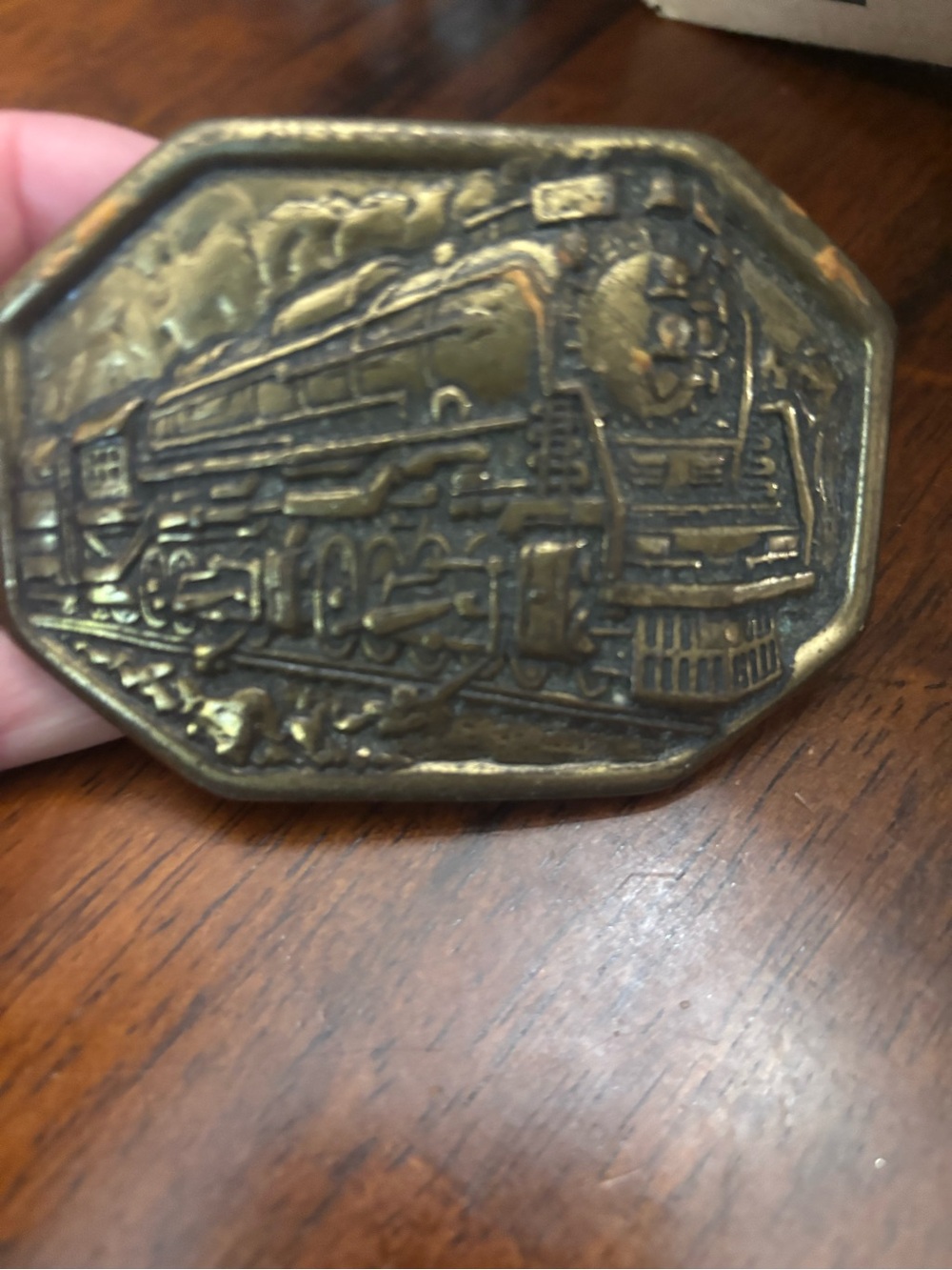 Brass Train Motif Octagonal Belt Buckle - Antique Look Vintage Avon